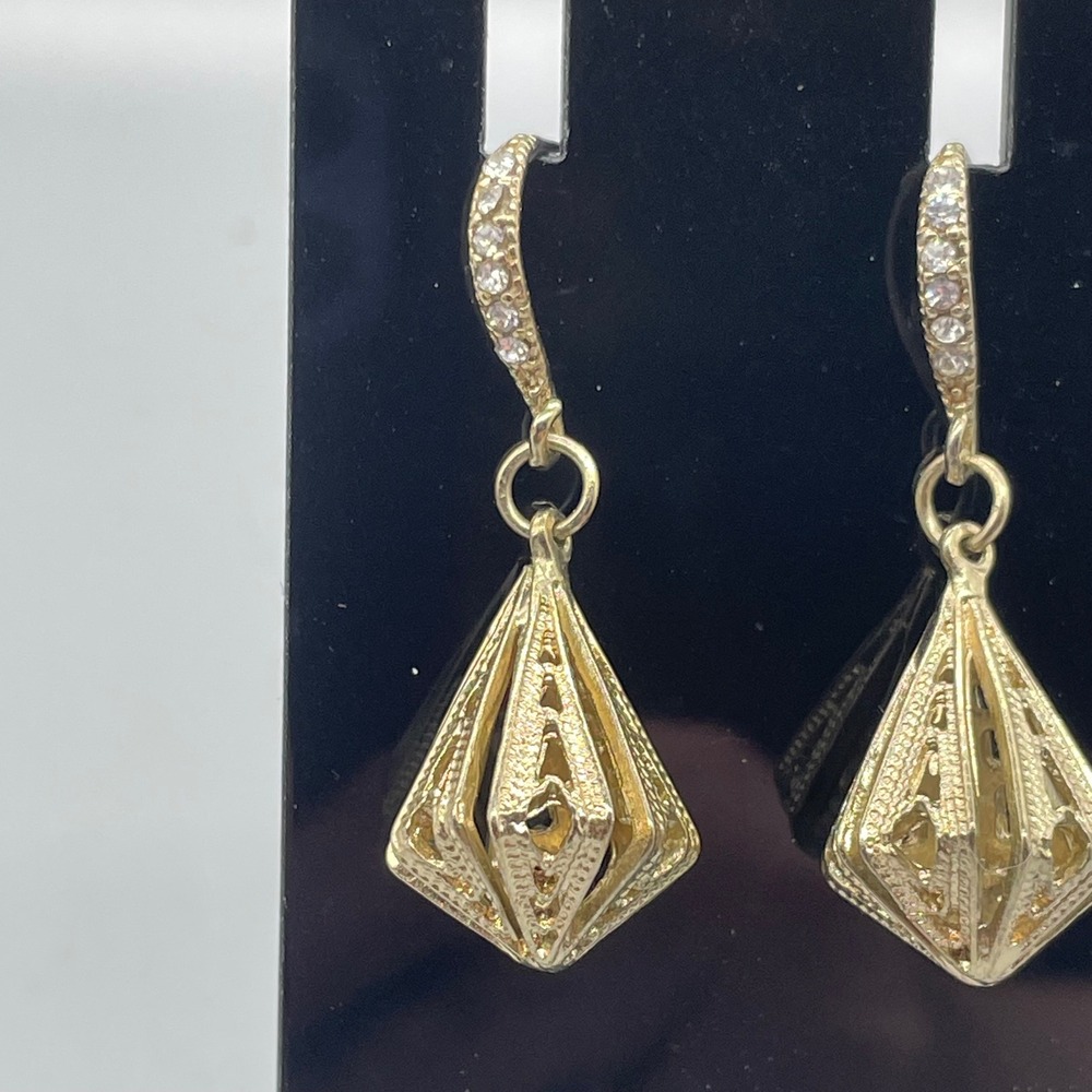 Gold Tone Geometric Cage Drop Earrings Crystal Accent Shepherd Hook Dangle